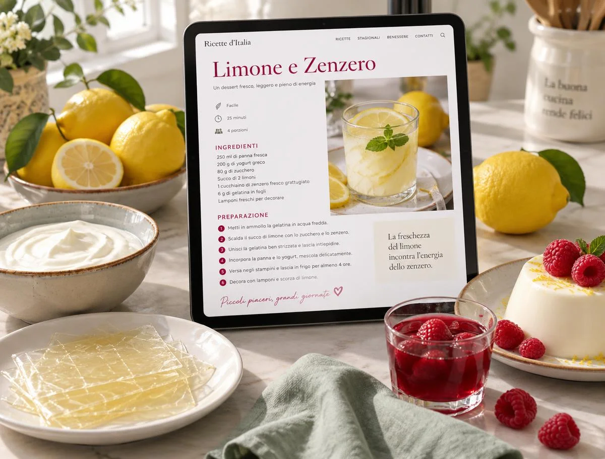 La guida sul tablet, con limoni, yogurt greco, fogli di gelatina e piccoli dessert su un tavolo italiano