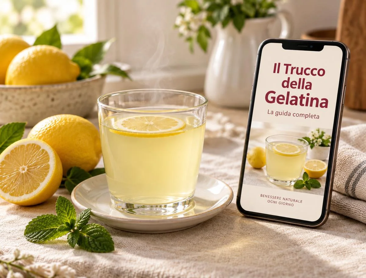 Un bicchiere tiepido al limone e la guida Il Trucco della Gelatina sul telefono